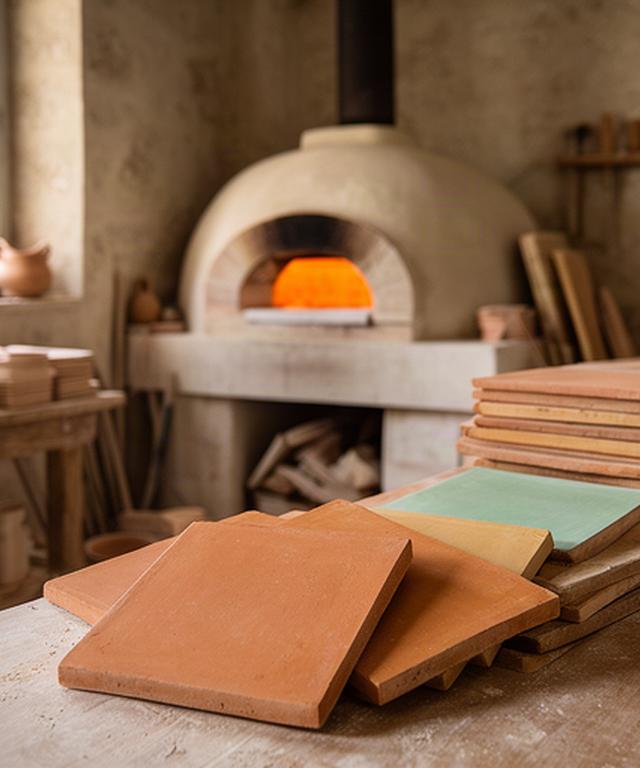Piastrelle artigianali in terracotta disposte accanto a un forno tradizionale in un laboratorio pugliese