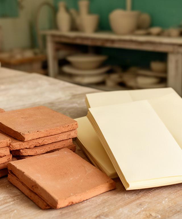 Dettaglio di piastrelle in terracotta accanto a registri cartacei in un laboratorio ceramico pugliese