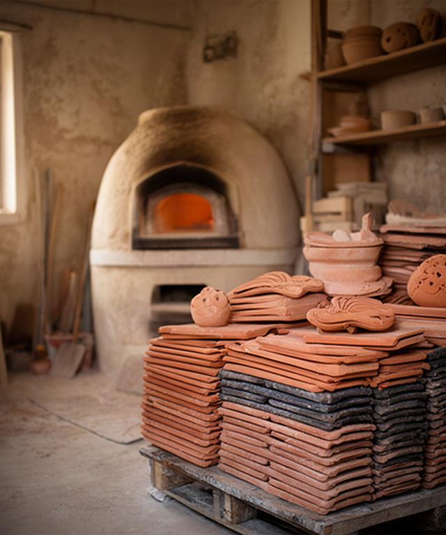 Piastrelle in terracotta impilate accanto a un forno artigianale in una bottega pugliese