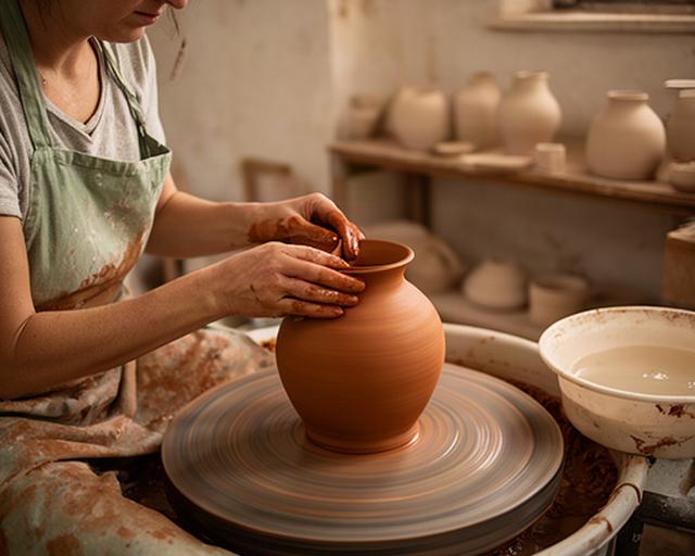 Artigiana al tornio mentre modella un vaso in terracotta nel laboratorio