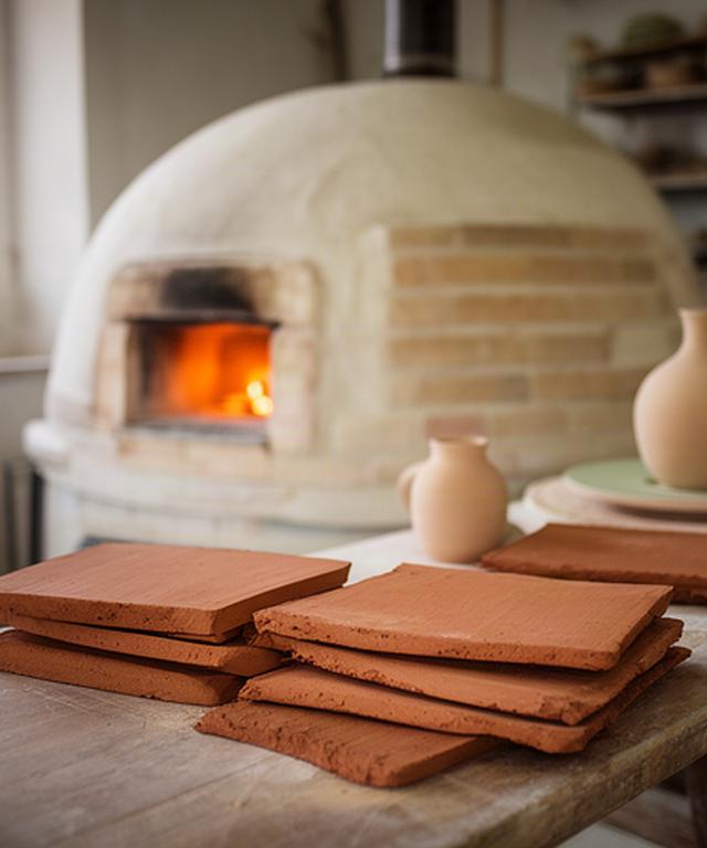 Piastrelle in terracotta disposte vicino a un forno artigianale in Puglia