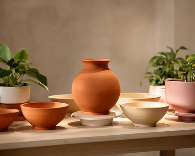 Ciotole, centrotavola e portavasi in terracotta su un tavolo da esposizione