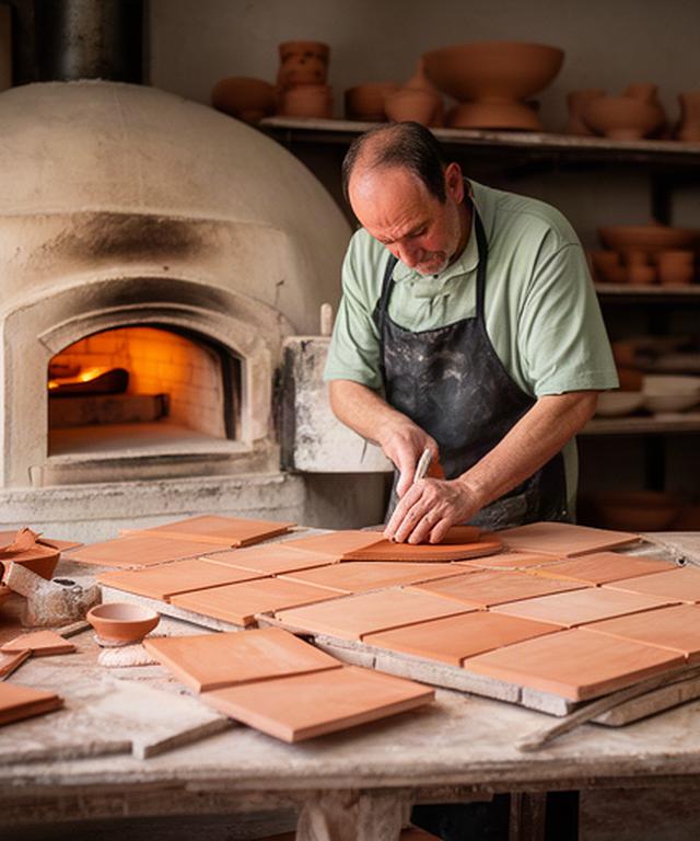 Artigiano al lavoro vicino a un forno per ceramica, con piastrelle in terracotta disposte sul banco a Francavilla Fontana