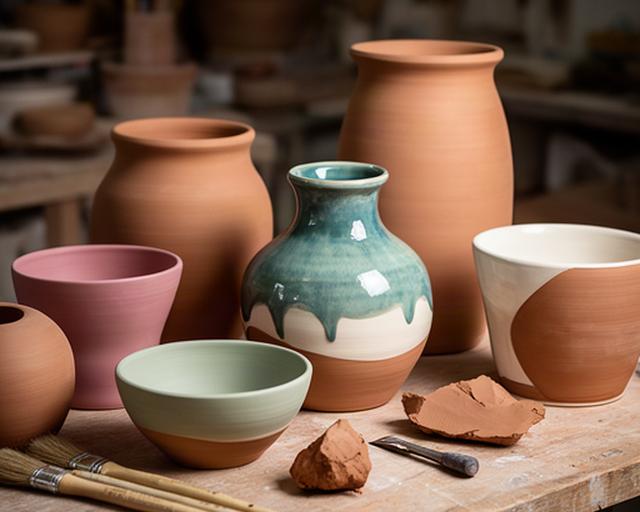 Vasi e oggetti decorativi in terracotta smaltati a mano su un banco di lavoro