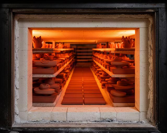Forno del laboratorio con piastrelle e oggetti decorativi in terracotta pronti per la cottura