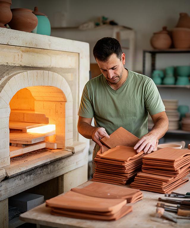 Artigiano che controlla piastrelle in terracotta accanto a un forno del laboratorio pugliese
