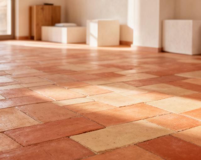 Piastrelle artigianali in terracotta posate su un pavimento interno luminoso